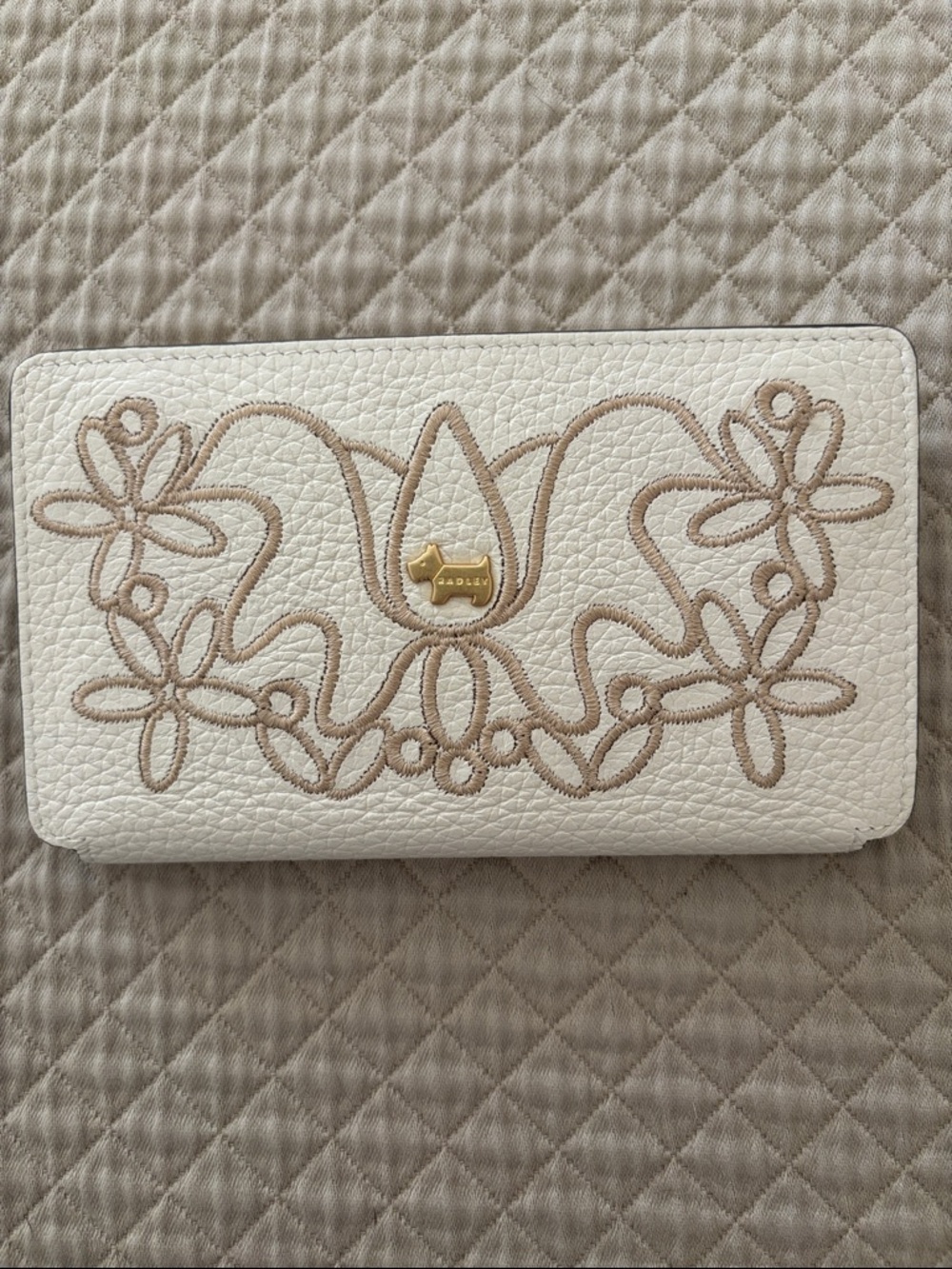 Radley White Embroidered Leather Zip Wallet with Gold Accent